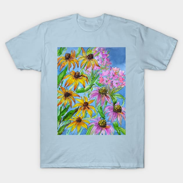 Rudbeckia and Flox Flowers Watercolor Painting T-Shirt by SvitlanaProuty